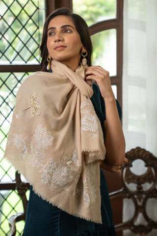 Stole Indian Wedding Wear - Beige Gilded Dragonfly Fine Wool Silk by Mauli