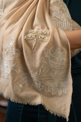 Stole Indian Wedding Wear - Beige Gilded Dragonfly Fine Wool Silk by Mauli