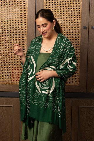 Stole Indian Wedding Wear - Green Labyrinth Rose Fine Wool Silk by Mauli