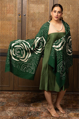 Stole Indian Wedding Wear - Green Labyrinth Rose Fine Wool Silk by Mauli