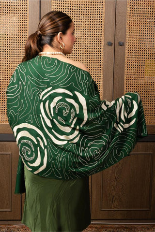 Stole Indian Wedding Wear - Green Labyrinth Rose Fine Wool Silk by Mauli