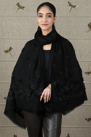 Stole Indian Wedding Wear - Black Onyx Petal Fine Wool Silk by Mauli