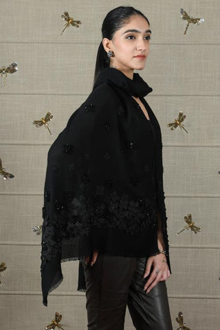 Stole Indian Wedding Wear - Black Onyx Petal Fine Wool Silk by Mauli