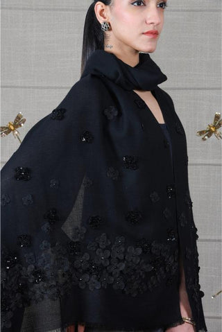 Stole Indian Wedding Wear - Black Onyx Petal Fine Wool Silk by Mauli