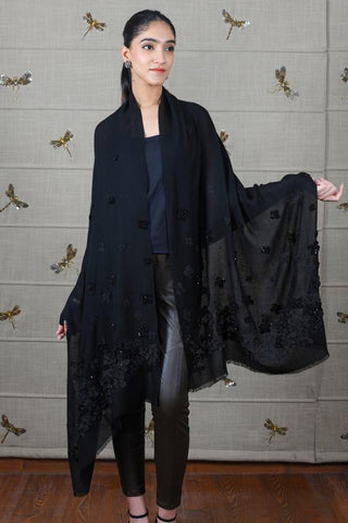 Stole Indian Wedding Wear - Black Onyx Petal Fine Wool Silk by Mauli