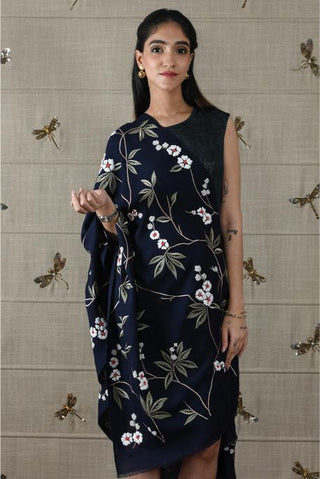 Stole Indian Wedding - Blue Sapphire Blossom Fine Wool Silk by Mauli