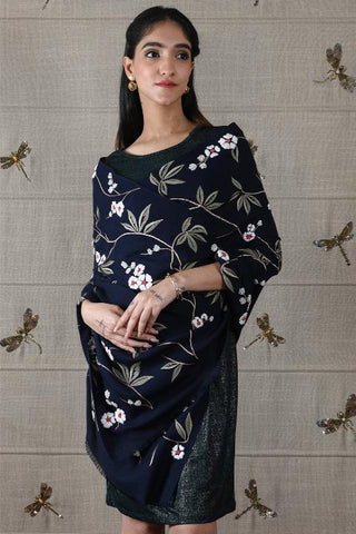Stole Indian Wedding - Blue Sapphire Blossom Fine Wool Silk by Mauli