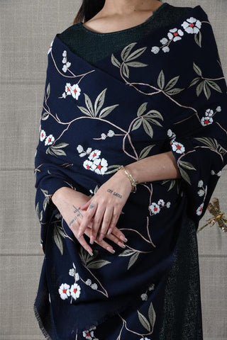Stole Indian Wedding - Blue Sapphire Blossom Fine Wool Silk by Mauli