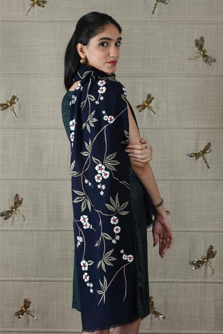 Stole Indian Wedding - Blue Sapphire Blossom Fine Wool Silk by Mauli