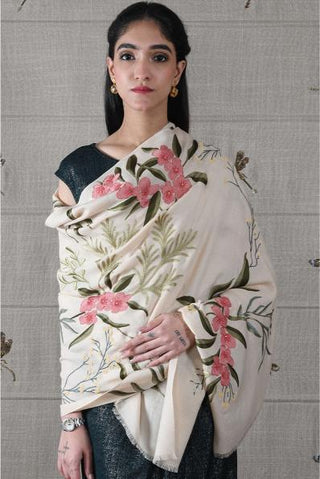 Stole Indian Wedding - Beige Spring Awakening Fine Wool Silk by Mauli