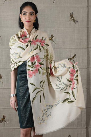 Stole Indian Wedding - Beige Spring Awakening Fine Wool Silk by Mauli