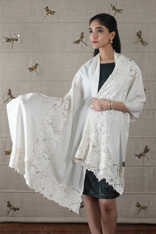 Stole Indian Wedding Wear - Ivory Timeless Symphony Fine Wool Silk by Mauli