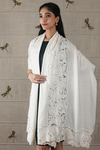 Stole Indian Wedding Wear - Ivory Timeless Symphony Fine Wool Silk by Mauli