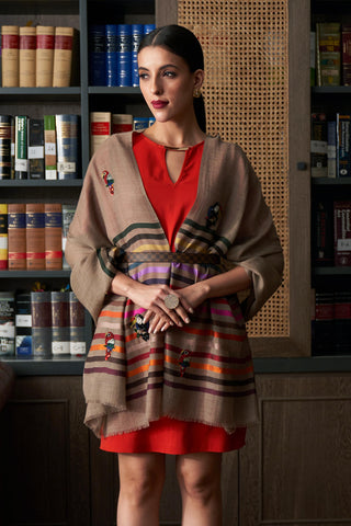 Stole Indian Wedding Wear - Beige Tricky Toucans Fine Wool Silk Stripe by Mauli