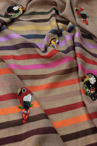 Stole Indian Wedding Wear - Beige Tricky Toucans Fine Wool Silk Stripe by Mauli