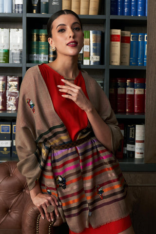Stole Indian Wedding Wear - Beige Tricky Toucans Fine Wool Silk Stripe by Mauli