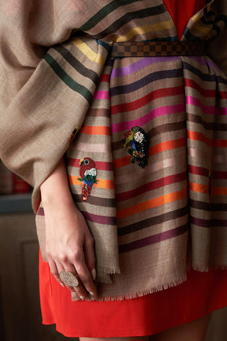 Stole Indian Wedding Wear - Beige Tricky Toucans Fine Wool Silk Stripe by Mauli