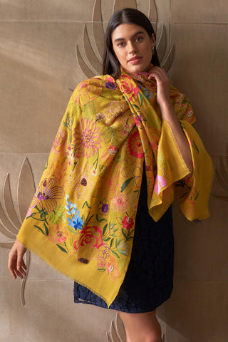 Stole Indian Wedding Wear - Yellow Tropical Bloom Pure Cashmere by Mauli