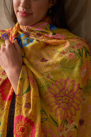 Stole Indian Wedding Wear - Yellow Tropical Bloom Pure Cashmere by Mauli