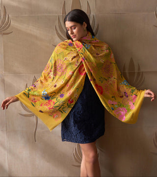Stole Indian Wedding Wear - Yellow Tropical Bloom Pure Cashmere by Mauli