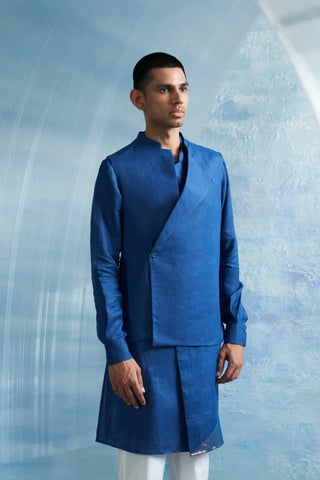 Royal blue placket kurta and jacket set