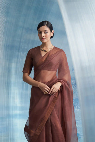 Aura woody brown saree with-sleeve blouse