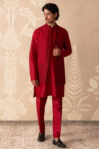 Red Bandi Set for Indian Wedding – Red Nehru Jacket with Kurta by Ridhi Mehra