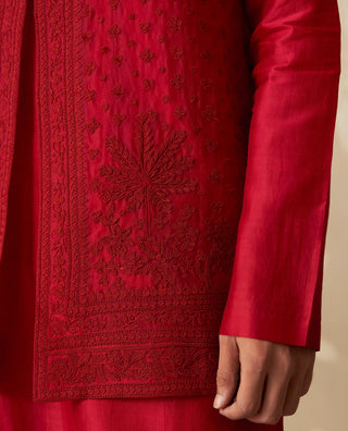 Red Bandi Set for Indian Wedding – Red Nehru Jacket with Kurta by Ridhi Mehra