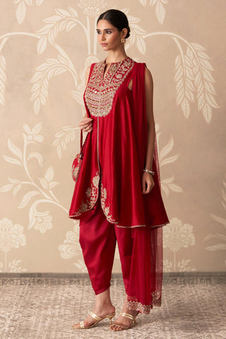 Red Kurta Set for Indian Wedding – Red Kurta with Drape Salwar by Ridhi Mehra