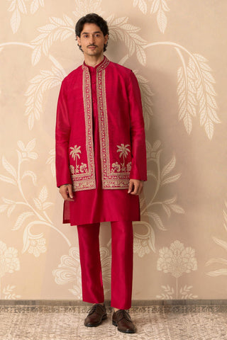 Red Raw Silk Bandi for Indian Wedding – Red Raw Silk Nehru Jacket with Kurta by Ridhi Mehra