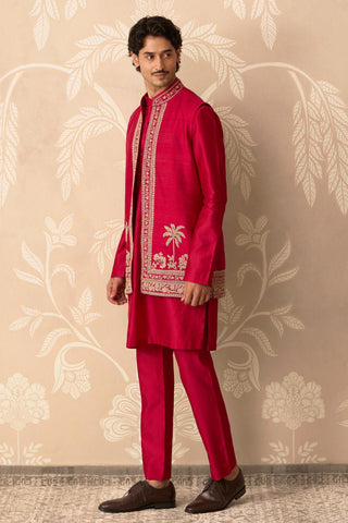 Red Raw Silk Bandi for Indian Wedding – Red Raw Silk Nehru Jacket with Kurta by Ridhi Mehra