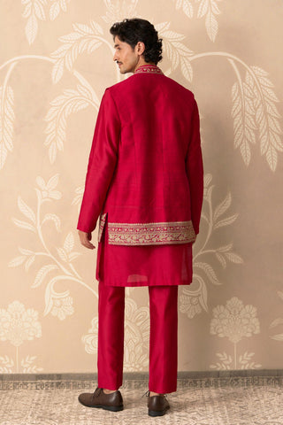 Red Raw Silk Bandi for Indian Wedding – Red Raw Silk Nehru Jacket with Kurta by Ridhi Mehra