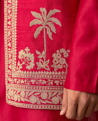 Red Raw Silk Bandi for Indian Wedding – Red Raw Silk Nehru Jacket with Kurta by Ridhi Mehra