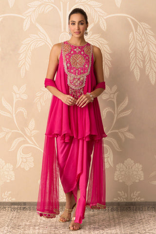 Kurti Skirt Set for Contemporary Wear – Pink Short Kurti with Draped Skirt by Ridhi Mehra