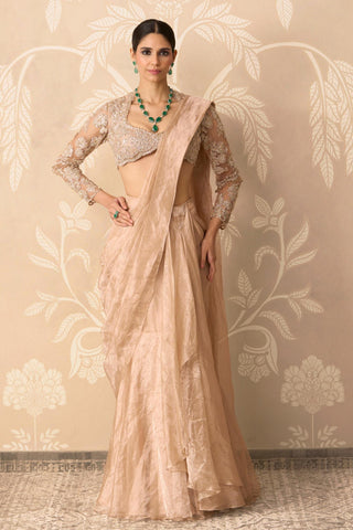 Tissue Saree for Indian Wedding – Gold Blouse with Draped Stitch by Ridhi Mehra