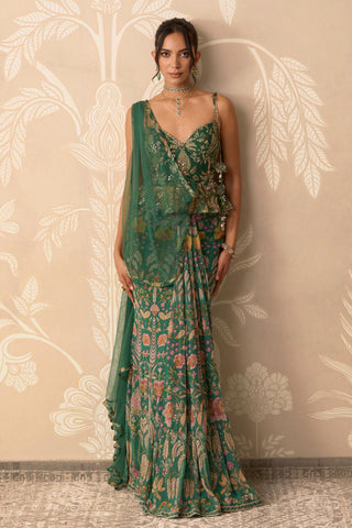 Stitched Saree Skirt for Indian Wedding – Green Blouse with Attached Drape by Ridhi Mehra