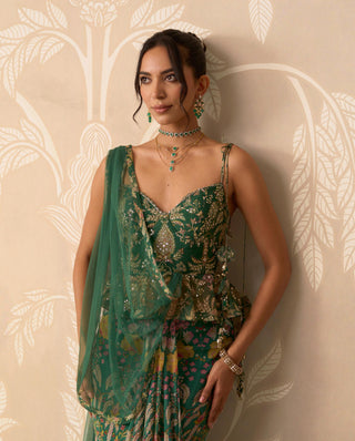 Stitched Saree Skirt for Indian Wedding – Green Blouse with Attached Drape by Ridhi Mehra