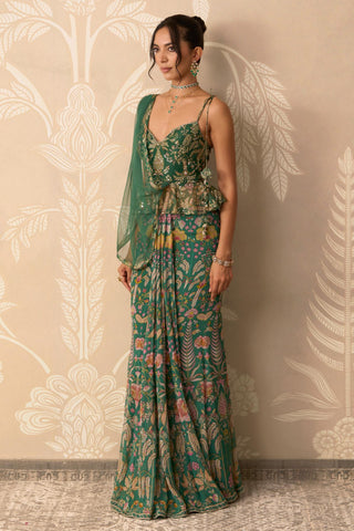 Stitched Saree Skirt for Indian Wedding – Green Blouse with Attached Drape by Ridhi Mehra