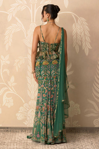 Stitched Saree Skirt for Indian Wedding – Green Blouse with Attached Drape by Ridhi Mehra