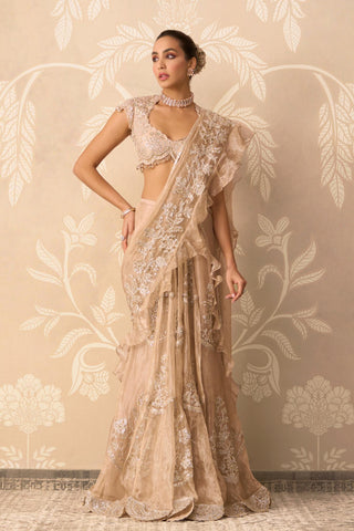 Saree Gown for Indian Wedding – Gold Blouse with Pallu Drape by Ridhi Mehra