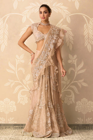 Saree Gown for Indian Wedding – Gold Blouse with Pallu Drape by Ridhi Mehra