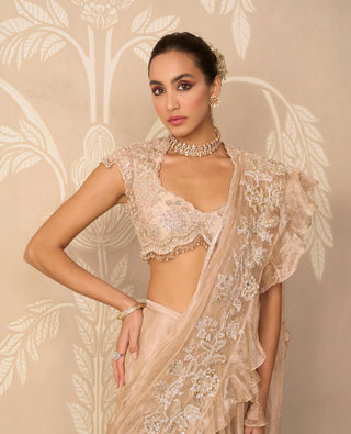 Saree Gown for Indian Wedding – Gold Blouse with Pallu Drape by Ridhi Mehra