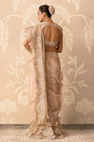 Saree Gown for Indian Wedding – Gold Blouse with Pallu Drape by Ridhi Mehra