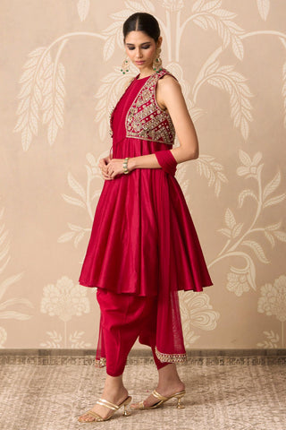 Kali Suit for Indian Wedding – Red Kali Kurta with Drape Salwar by Ridhi Mehra