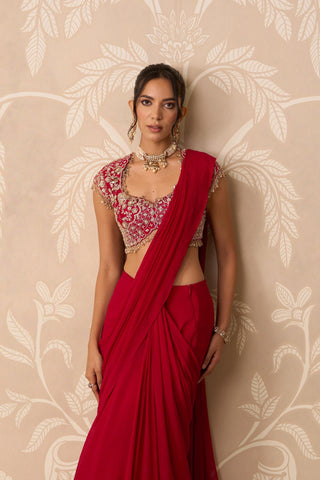 Pre-Draped Saree for Indian Wedding – Red Blouse by Ridhi Mehra