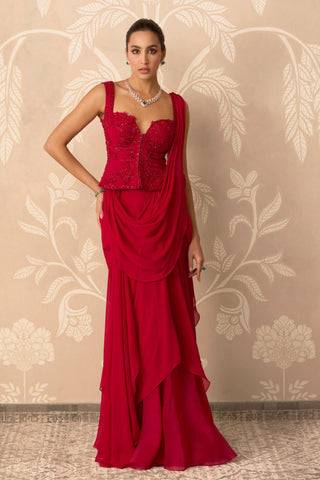 Draped Saree for Indian Wedding – Red Long Blouse by Ridhi Mehra