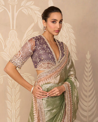 Party Wear Saree for Indian Wedding – Multicolor Blouse with Flat Saree by Ridhi Mehra