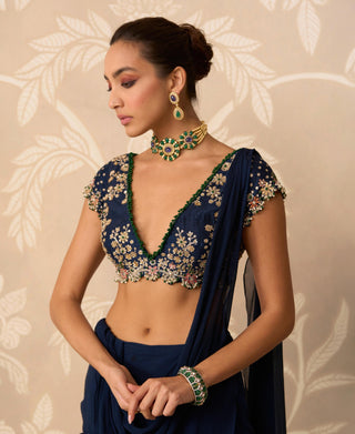 Blue Saree for Indian Wedding – Blue Blouse with Draped Stitch by Ridhi Mehra