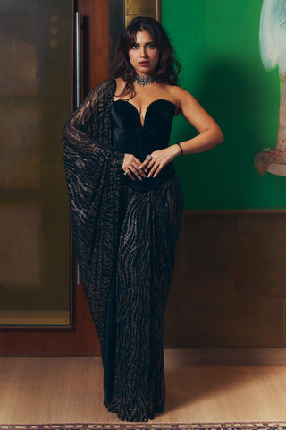 Drape Saree Set Indian Wedding - Black Midnight Frost Saree by Itrh
