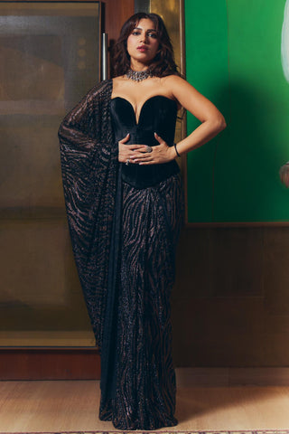 Drape Saree Set Indian Wedding - Black Midnight Frost Saree by Itrh